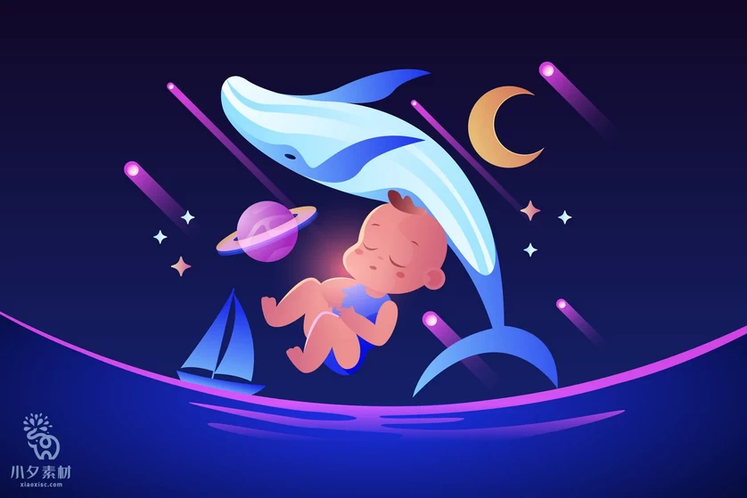唯美梦幻创意卡通人物鲸鱼海豚夜景插画背景图案AI矢量设计素材【018】